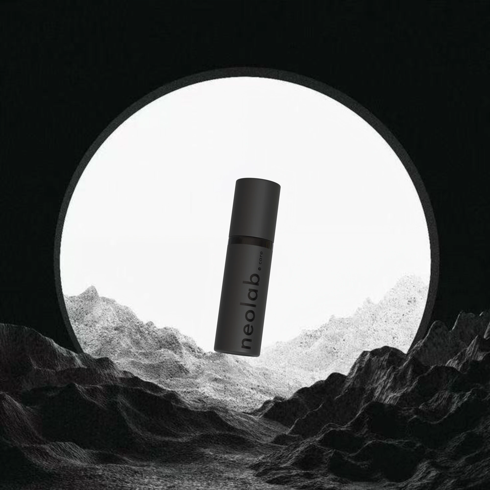 NeoLabCare bottle floating within a luminous circular portal