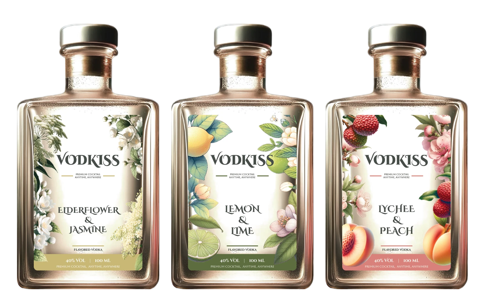 The original Vodkiss floral, citrus and fruit bottle designs